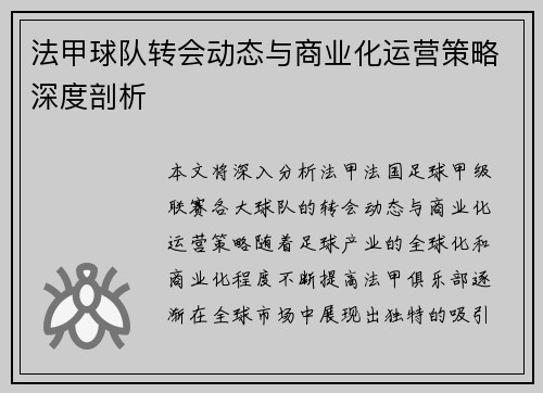 法甲球队转会动态与商业化运营策略深度剖析