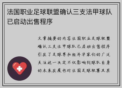 法国职业足球联盟确认三支法甲球队已启动出售程序