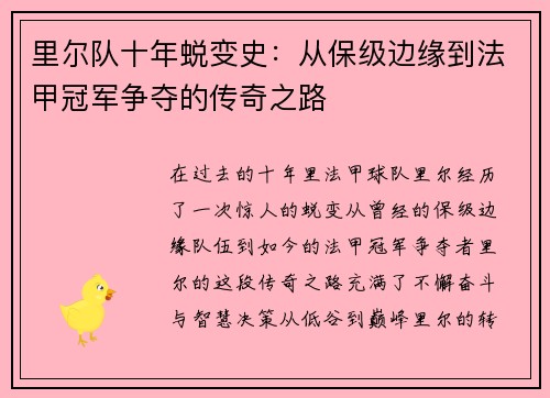 里尔队十年蜕变史：从保级边缘到法甲冠军争夺的传奇之路