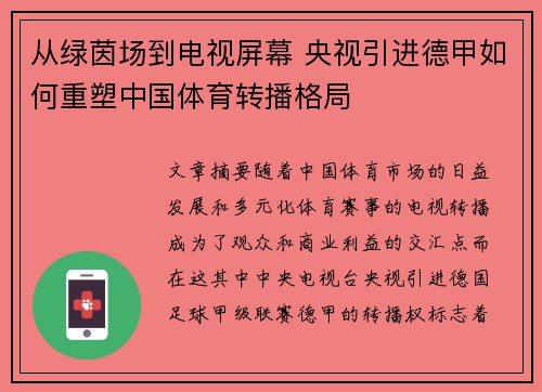 从绿茵场到电视屏幕 央视引进德甲如何重塑中国体育转播格局