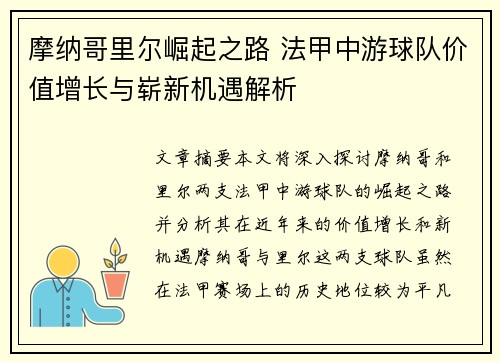摩纳哥里尔崛起之路 法甲中游球队价值增长与崭新机遇解析