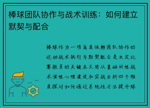 棒球团队协作与战术训练：如何建立默契与配合