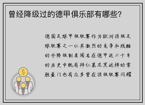 曾经降级过的德甲俱乐部有哪些？